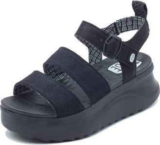 HeyDude Hey Dude 43198 Delray Buckle Womens Classic Black Fabric High Wedge Sandals, Black, 4.5 UK