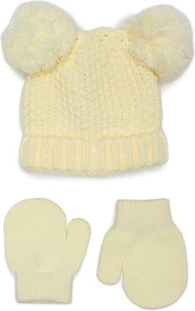 Capelli Seed Stitch Double Pompom Beanie & Mittens Set in Beige at Nordstrom, Size 0-6 M