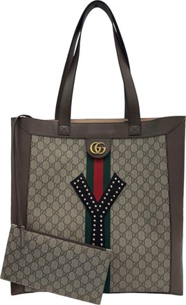 Gucci Beige Dark Brown Multi-Color Pvc Leather Pouch Tote Bag (Pre-Owned)
