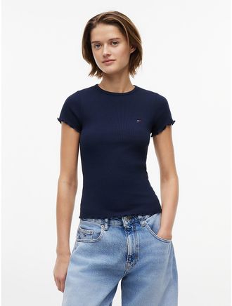 Tommy Hilfiger Womens Tommy Jeans Lettuce-Trim T-Shirt - Dark Night Navy - XL