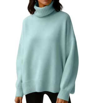 Generic Womens Jumpers Turtleneck Sweater Oversized Long Sleeve Pullover Loose Fit Knitwear Comfortable Ladies Jumpers Light Blue XL