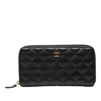 Chanel Pre-owned Quilted Caviar Long Wallet - Dames - Pre-owned - Zwart - Maat: ONE Size Leer