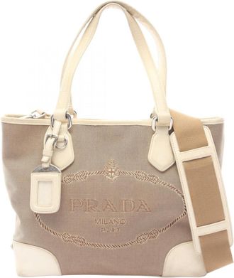 Prada Beige White Canvas Leather Handbag Tote Bag (Pre-Owned)