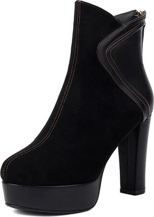 Generic Womens Suede Ankle Boots With Platform And Chunky Heels Side Zipper Tassel Decor Retro Round Toe Design For Evening Party Daily Date,Black,4.5 UK