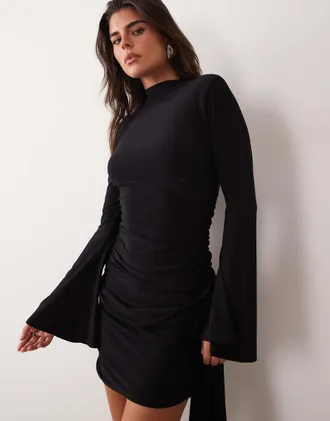 Asos mini vestito fasciante con collo alto, arricciato e dettaglio con fusciacca oversize nero