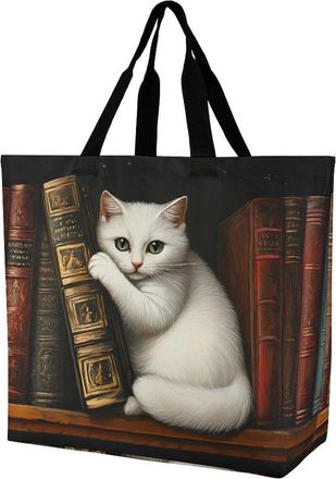 Generic Cat on Books Reusable Shopping Bags One Shoulder Grocery Tote Bag Waterproof Big Purse for Work Travel
