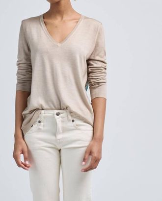 Avant Toi V Neck Pullover With Watercolor Print Back Silk Top In Noce Moscata