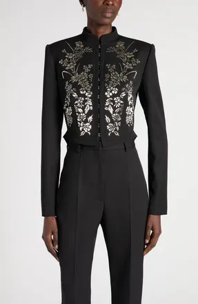 Alexander McQueen Beaded Floral Hook & Eye Wool Jacket in Black at Nordstrom, Size 42