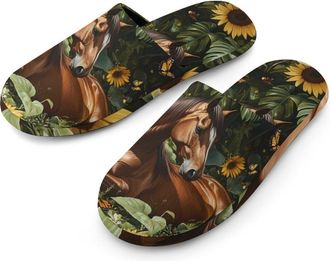 Generic Brown Horse Sunflowers Flannel Mens Slip-on Slippers Winter Warm House Shoes with Rubber Sole for Home Hotel
