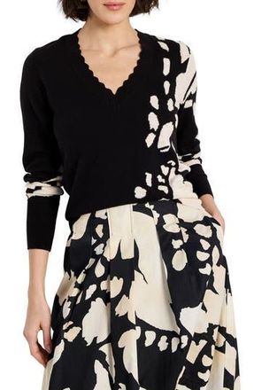 Nic+Zoe Evening Petal Scallop V-Neck Sweater in Black Multi at Nordstrom Rack, Size Small