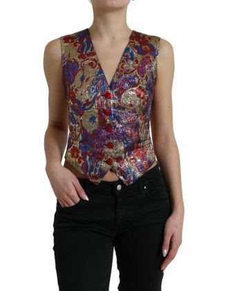 Dolce & Gabbana Womens Floral Brocade Vest Sleeveless Vneck - Brown