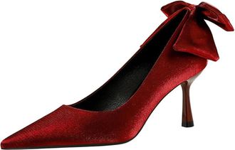 Generic Women Pointed Toe High Heel Stiletto Pumps 6.5CM Satin Pump Bow Wedding Evening Party Court Shoes (Red,4.5)