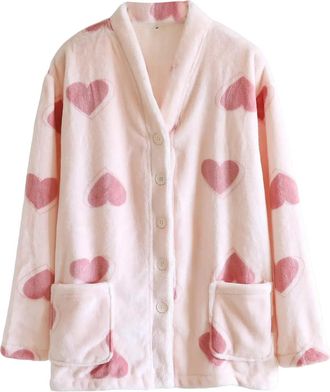 Generic Button Front Flannel Bed Jackets for Women Nightwear Coat Long Sleeve Collared Loungewear Jacket with Pockets Warm Fleece Ladies Housecoats for Cosy S