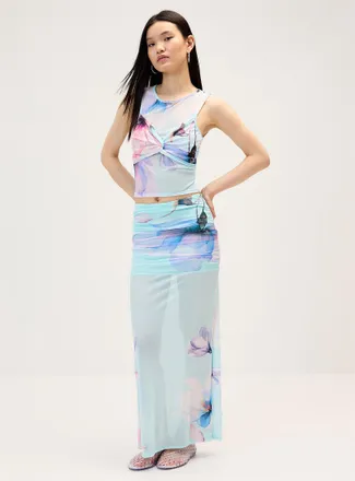 Twik Womens Watercolour floral mesh maxi skirt