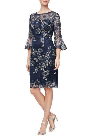 Alex Evenings Metallic Floral Embroidered Sheath Dress in Navy/Silver at Nordstrom, Size 14P