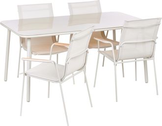 Beliani Conjunto De Comedor Exterior 4 Plazas Estructura Acero Tablero Vidrio Templado Asiento Malla Resistente Rayos Uv Agua Beige Claro Caravino