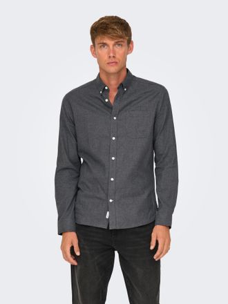 Only & Sons Langarmhemd ONLY & SONS ONSROAD LIFE REG MELANGE LS SHIRT NOOS, Herren, Gr. M, N-Gr, schwarz, Web, Obermaterial: 100% Baumwolle, unifarben, regular fi