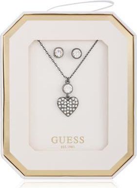 Guess Crystal Heart Pendant Necklace & Stud Earrings Set in Silver at Nordstrom Rack