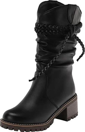 Generic Womens Pull On Mid Calf Boots Round Toe High Chunky Heel Slip On Design With A Decorative Butterfly-Knot