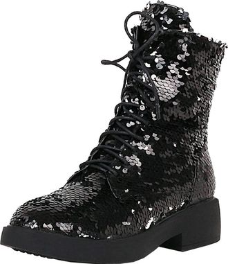 Agodor Womens Glitter Combat Ankle Boots Lace up Chunky Heels Sequin Platform Boots (UK 4.5, black)