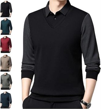 Generic Sempornai Striped Lapel Fake Two-Piece Shirt, Long Sleeve Fake 2-Piece Knitted Shirt, Business Casual Sweater (Black,L)