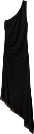 Twinset Asymmetrische Crepe Jurk met Georgette Ruche - Dames - Casual kleedjes - Zwart - M - Kleedjes