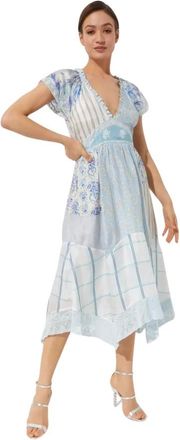 LoveShackFancy Patchwork midi jurk met diepe halslijn - Dames - Casual kleedjes - Blauw - S - Kleedjes