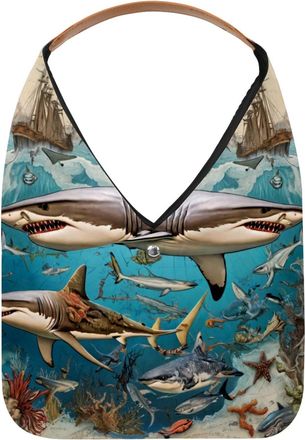 Generic Marine Shark Vintage Map Reusable Lightweight Grocery Bags - Foldable Into Compact Pouch, Washable & Sturdy, Multipurpose for Shopping and Travel