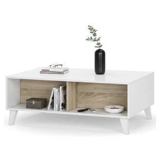 Dmora Mesa De Centro Con Tapa Elevable, Un Espacio De Almacenamiento Y Dos Nichos Externos, Blanco Brillante Y Roble Canadiense, Cm 100 X 68 X 38 (50 Con La