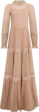 Alberta Ferretti Lange beige jurk met elegante mouwen - Dames - Avondkleed - Beige - XS - Kleedjes