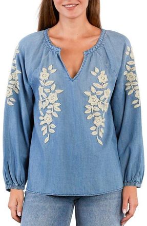 BILLY T Boho Jo Floral Embroidered Denim Popover Top at Nordstrom, Size X-Small
