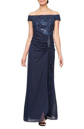 Alex Evenings Sequin Embroidered Lace Gown in Navy at Nordstrom Rack, Size 12