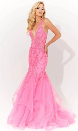 Jasz Couture Floral Applique Embellished Prom Dress In Hot Pink