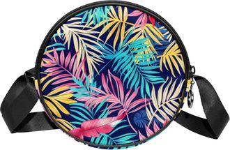 Generic Circle Crossbody Bag for Women, Palm Leaves Small Sling Bag Daypack with Zipper Adjustable Shoulder Straps Casual Ladies Girls Round Purse