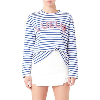 endless rose Lueur Stripe Long Sleeve Knit Top in White/Blue at Nordstrom Rack, Size X-Small