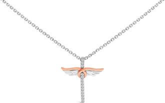 House of Brilliance 14K Rose Gold Plated Sterling Silver 1/5 Cttw Diamond Wing Cross Pendant Necklace
