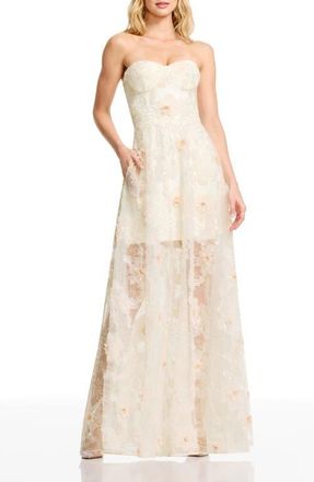 Dress The Population Connor Beaded Floral Strapless Gown in White Multi at Nordstrom, Size X-Large