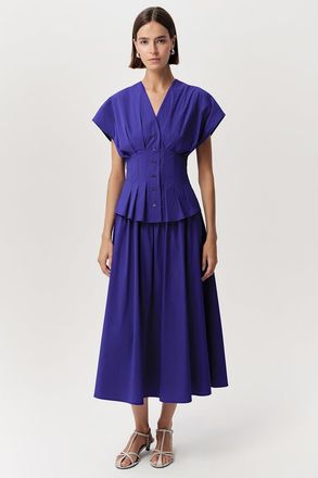 Exquise Albaric V Neck Short Sleeve Midi Dress in Sax at Nordstrom, Size X-Small
