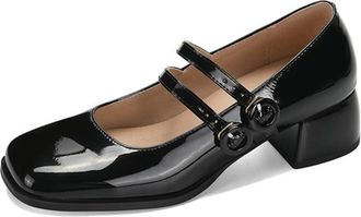 Generic Womens Retro Square Toe Patent Leather Mary Janes Ankle Strap Pumps with Double Buckle Straps Block Heels Casual Dress Party Office Shoes,Black,5 UK