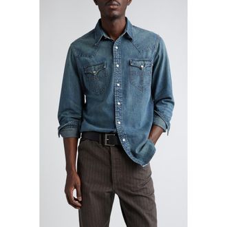 Ralph Lauren Buffalo West Slim Fit Denim Western Snap-Up Shirt in Dark Wash at Nordstrom, Size Xx-Large