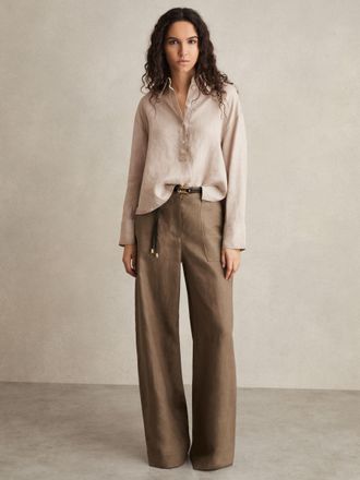 Reiss Neutral Linen Overhead Open-collar Shirt, 14