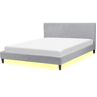 Beliani Modern Linen eu King Size Bed Frame 5ft3 Grey Slatted Base White Led Light Fitou