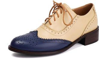 Generic Womens Lace Up Vintage Oxford Shoes Round Toe PU Leather Brogues Shoes Low Block Heel Office Dress Shoes,Blue,4.5 UK