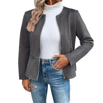 Generic Suede Jackets For Women Faux Suede Bomber Jacket Full Zip Collarless Cropped Blazers Jackets Leather Pilot Jacket Autumn Winter Y2k Outerwear Smart Ca