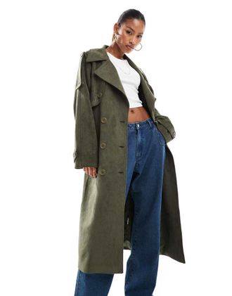 Aria Cove Trench in camoscio sintetico kaki con cintura-Verde