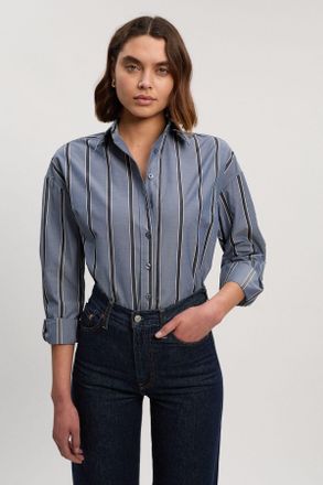 Karen Millen Womens Stripe Cotton Oversize Tailored Essential Shirt - Grey - Size 14 UK