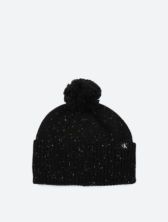 Calvin Klein Womens Monogram Logo Pom-Pom Beanie - Black