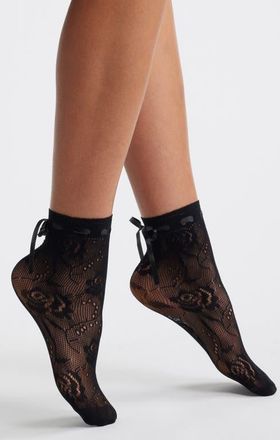 Casa Clara Love Amaris Floral Lace Ribbon Ankle Socks in Black at Nordstrom