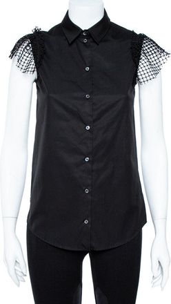 N&deg;21 N21 Black Cotton Grid Lace Paneled Feather Trim Shirt