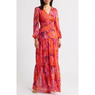 Eliza J V-Neck Long Sleeve Tiered Maxi Dress in Orange Pink at Nordstrom Rack, Size 6